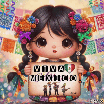 Girl Holding Viva Mexico Sign GIF