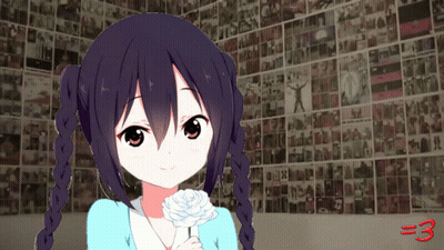 Girl Holding White Flower In Front Of Wall With Pictures And Red Number 3 GIF