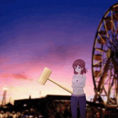 Girl Holding Wooden Hammer In Front Of Ferris Wheel GIF