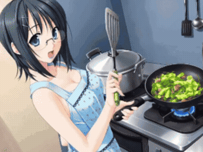 Girl In Apron Cooking Vegetables In Pan GIF