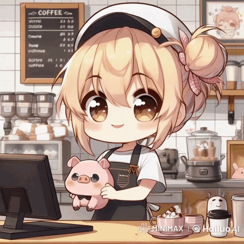 Girl In Apron Holding Pig In Front Of Coffee Menu GIF