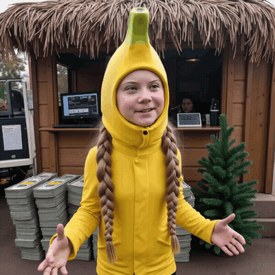 Girl In Banana Costume Standing Before Bills GIF
