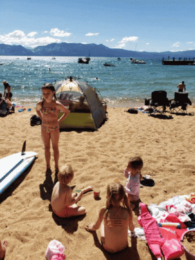 Girl In Bathing Suit On Beach Near Tent Saying Abercrombie & Fitch GIF