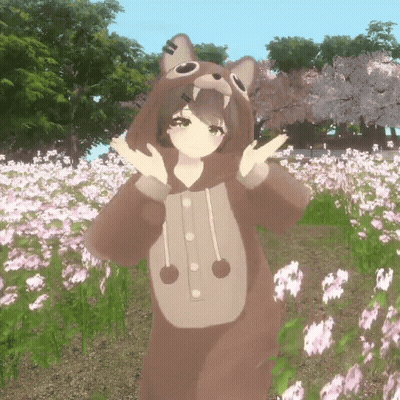 Girl In Bear Costume Standing In Flowers GIF