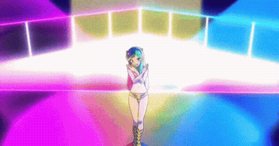 Girl In Bikini Standing In Front Of Stage With Rainbow Lights GIF