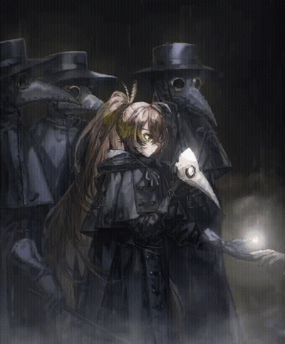 Girl In Bird Mask Standing Before Men GIF