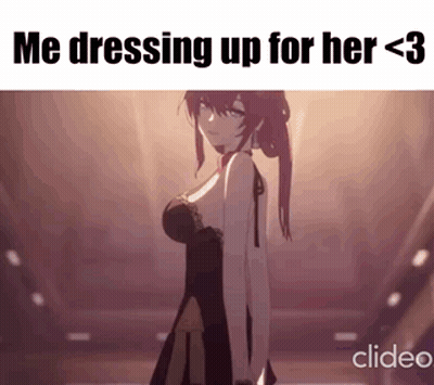 Girl In Black Dress Standing In Dark Room Saying Me Dressing Up For Her GIF