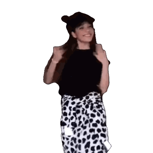 Girl In Black Shirt And Dalmatian Pants With Arms Outstretched And Hat Sticker