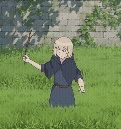 Girl In Blue Cape Holding Stick In Grass GIF