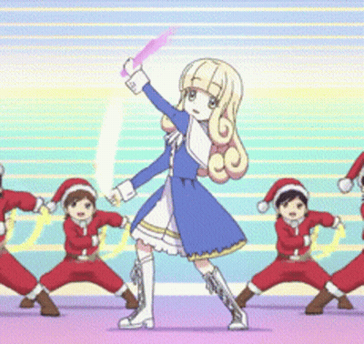 Girl In Blue Dress Holding Pink Sword Before Boys In Santa Hats GIF