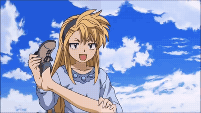 Girl In Blue Dress Holding Shoe GIF