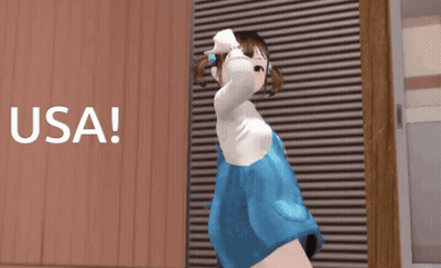 Girl In Blue Dress In Front Of Usa Wall GIF