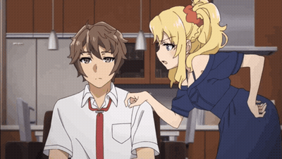 Girl In Blue Dress Pointing At Boy In White Shirt GIF