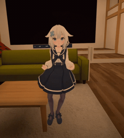 Girl In Blue Dress Standing In Living Room GIF