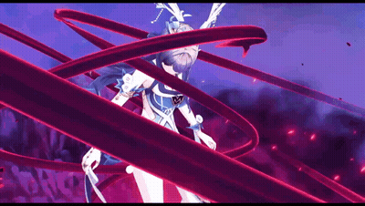Girl In Blue Dress Surrounded By Purple Ribbons GIF