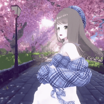 Girl In Blue Plaid Shirt Standing In Front Of Cherry Blossoms GIF