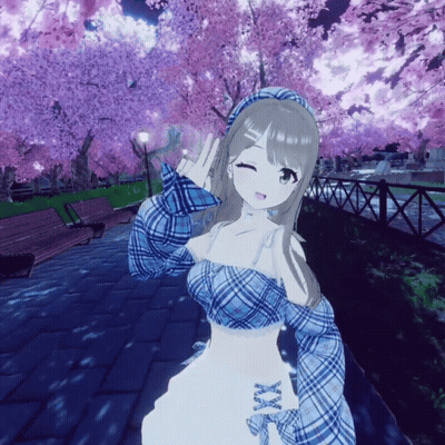 Girl In Blue Plaid Shirt With Cherry Blossoms GIF