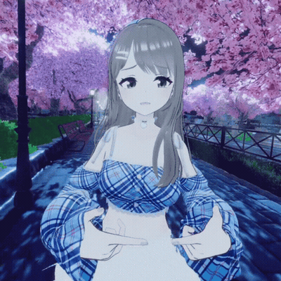 Girl In Blue Plaid Top In Front Of Cherry Blossom Tree GIF