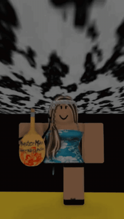 Girl In Blue Shirt Holding Peach And Sword With Letter J GIF