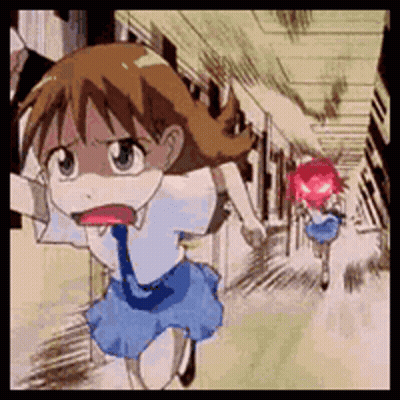 Girl In Blue Skirt And Tie Running In Hallway GIF