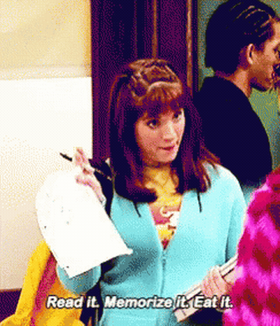 Girl In Blue Sweater Says Read It Memorize It Eat It GIF