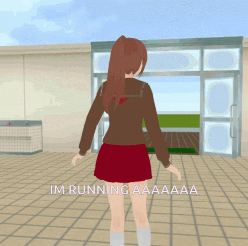 Girl In Brown Jacket And Red Skirt Saying Im Running GIF