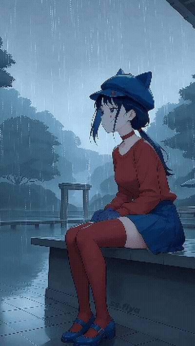 Girl In Cat Hat Sitting In Rain GIF
