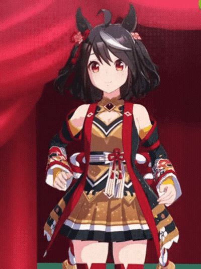Girl In Cheerleader Outfit Smiling In Front Of Red Curtain GIF