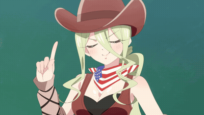 Girl In Cowboy Hat And American Flag Bandana Pointing Up GIF