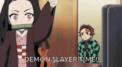 Girl In Demon Slayer Costume Standing In Front Of TV GIF