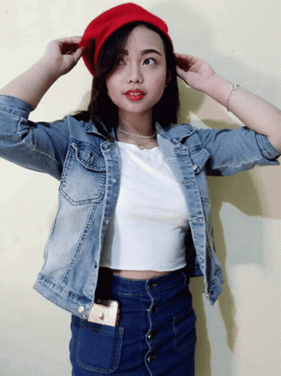Girl In Denim Jacket And Red Hat GIF