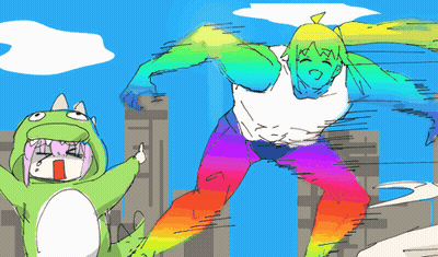 Girl In Dinosaur Costume And Man In Rainbow Outfit GIF