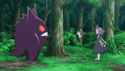 Girl In Dress Looking At Purple Monster In Forest GIF