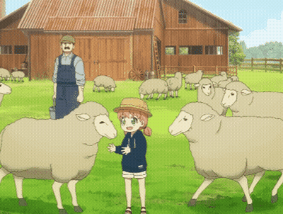 Girl In Field With Sheep And Man Behind Her GIF