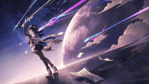 Girl In Front Of Planet With Flying Papers GIF