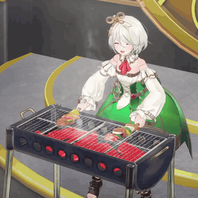 Girl in Green Dress Grilling Meat