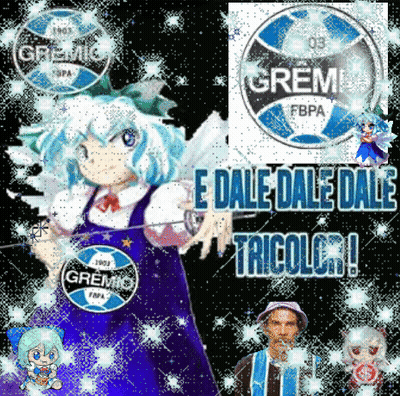 Girl In Gremio Apron Holding Sword In Front Of Gremio Logo GIF