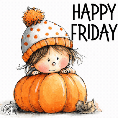 Girl In Hat Sitting On Pumpkin Saying Happy Friday GIF