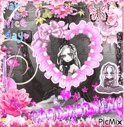 Girl In Heart Surrounded By Pink Flowers Have A Nice Day GIF