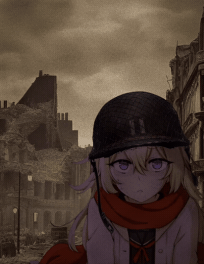 Girl In Helmet And Scarf In Ruined City GIF