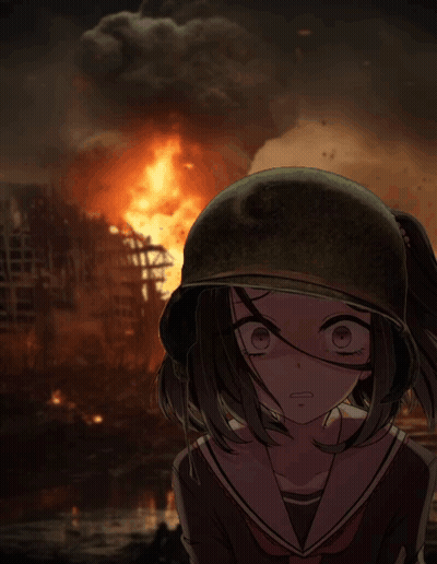 Girl In Helmet Near Burning Building GIF