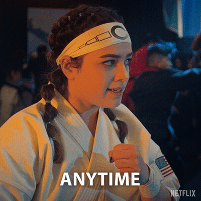 Girl In Karate Uniform Saying Anytime GIF