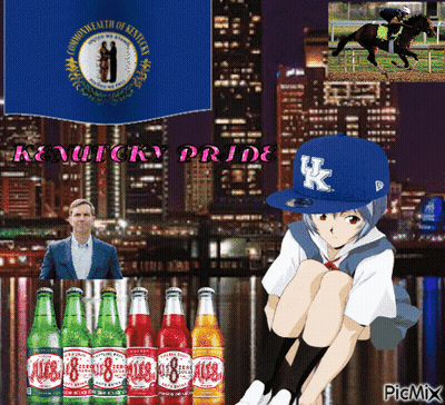 Girl In Kentucky Pride Hat Sits In Front Of Bottles GIF