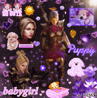Girl In Knight Armor With Purple Hearts Saying Babygirl And Puppy GIF