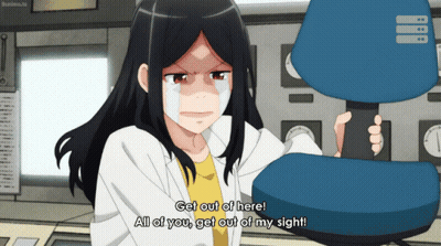 Girl In Lab Coat Holding Blue Chair Saying Get Out GIF