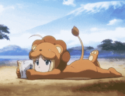 Girl In Lion Costume Reading Book On Beach GIF