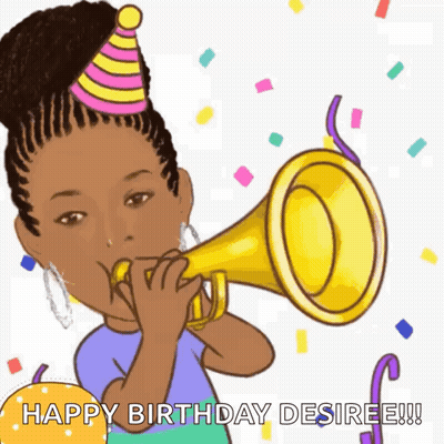 Girl in Party Hat Blowing Trumpet Happy Birthday Desiree