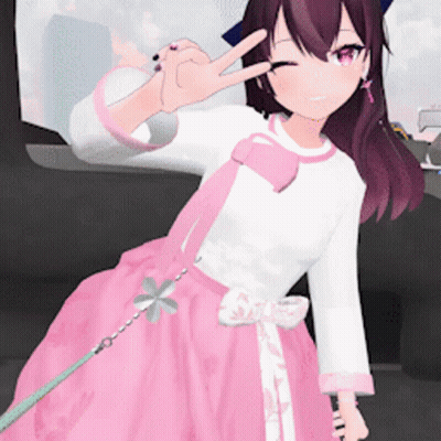Girl In Pink And White Dress Giving Peace Sign GIF
