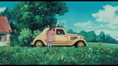 Girl In Pink Coat Beside Yellow Car In Field GIF