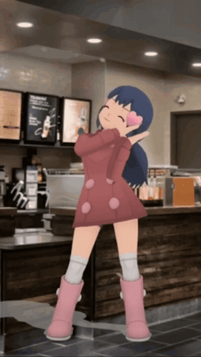 Girl In Pink Dress And Pink Boots Dancing At Starbucks GIF
